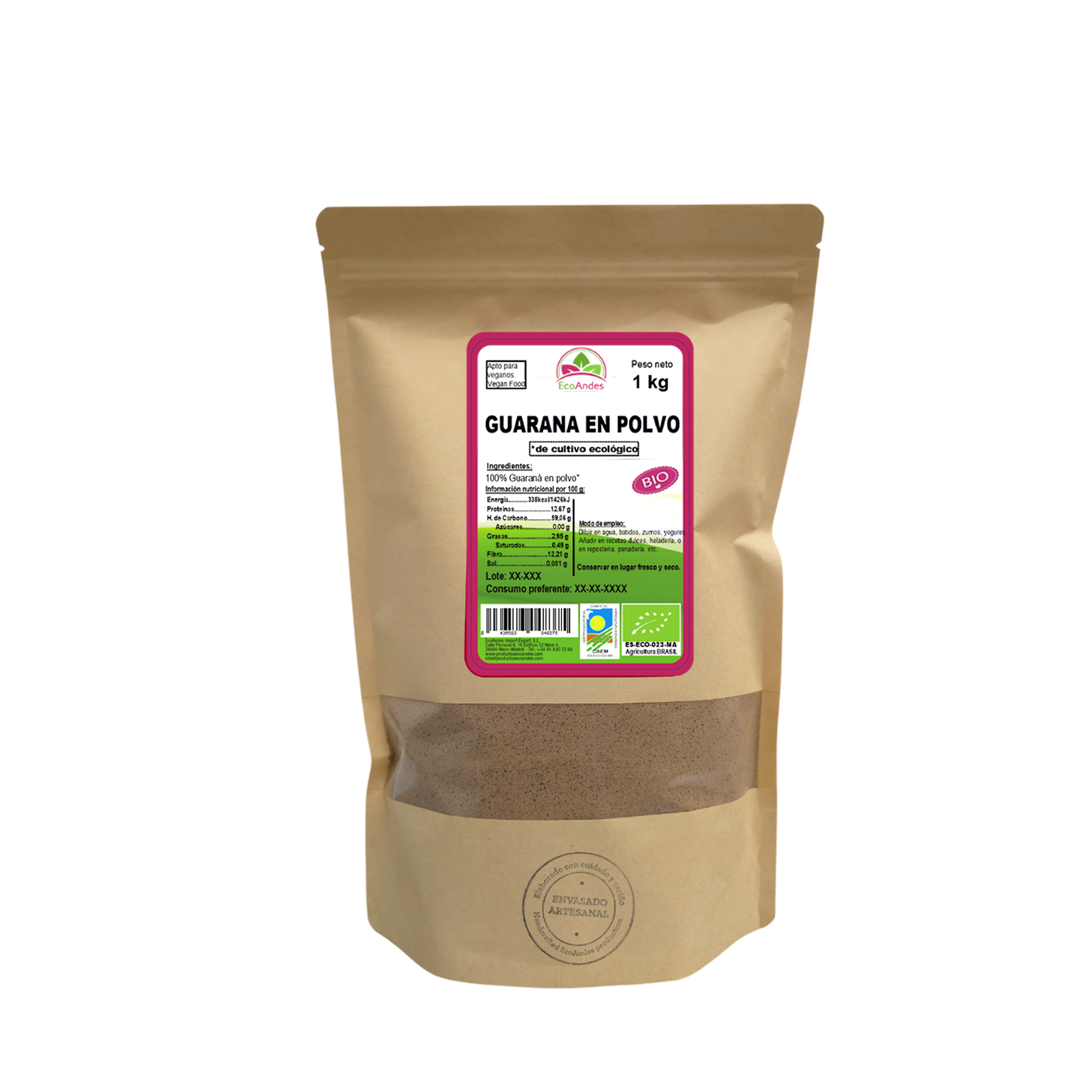 Bolsa de 1kg de Guaraná en polvo de la marca EcoAndes. El envase es de papel kraft con ventana transparente que muestra el contenido, etiqueta frontal con información nutricional, certificaciones ecológicas, sin gluten y sello de "envasado artesanal".