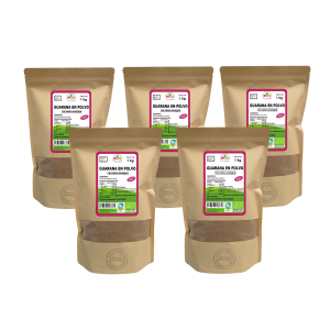 5 Bolsas de 1kg de Guaraná en polvo de la marca EcoAndes. El envase es de papel kraft con ventana transparente que muestra el contenido, etiqueta frontal con información nutricional, certificaciones ecológicas, sin gluten y sello de "envasado artesanal".