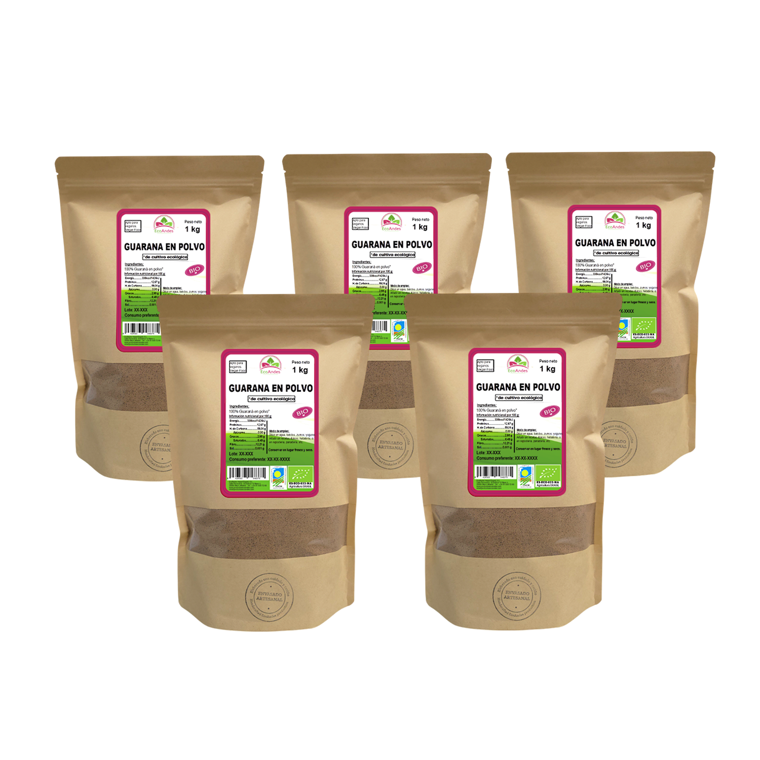 5 Bolsas de 1kg de Guaraná en polvo de la marca EcoAndes. El envase es de papel kraft con ventana transparente que muestra el contenido, etiqueta frontal con información nutricional, certificaciones ecológicas, sin gluten y sello de "envasado artesanal".
