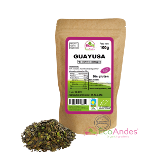 Bolsa de 100g de Guayusa en hojas de la marca EcoAndes. El envase es de papel kraft con ventana transparente que muestra el contenido, etiqueta frontal con información nutricional, certificaciones ecológicas, sin gluten y sello de "envasado artesanal".