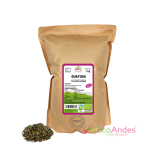 Bolsa de 1kg de Guayusa en hoja partida de la marca EcoAndes. El envase es de papel kraft con ventana transparente que muestra el contenido, etiqueta frontal con información nutricional, certificaciones ecológicas, sin gluten y sello de "envasado artesanal".