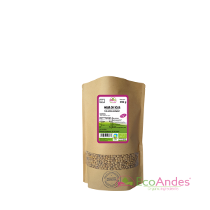Bolsa de 500g con contenido de Haba de Soja de la marca EcoAndes. El envase es de papel kraft con ventana transparente que muestra el contenido, etiqueta frontal con información nutricional, certificaciones ecológicas, sin gluten y sello de "envasado artesanal".