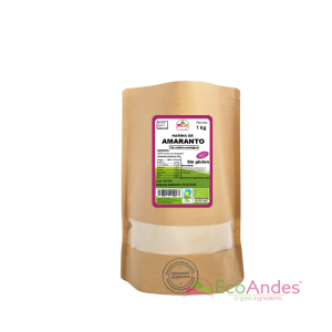 Bolsa de 1kg con contenido de Harina de amaranto de la marca EcoAndes. El envase es de papel kraft con ventana transparente que muestra el contenido, etiqueta frontal con información nutricional, certificaciones ecológicas, sin gluten y sello de "envasado artesanal".