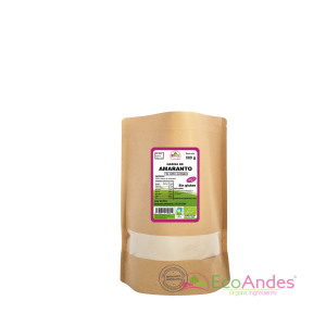 Bolsa de 500g con contenido de Harina de amaranto de la marca EcoAndes. El envase es de papel kraft con ventana transparente que muestra el contenido, etiqueta frontal con información nutricional, certificaciones ecológicas, sin gluten y sello de "envasado artesanal".