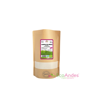 Bolsa de 500g con contenido de Harina de arroz integral de la marca EcoAndes. El envase es de papel kraft con ventana transparente que muestra el contenido, etiqueta frontal con información nutricional, certificaciones ecológicas, sin gluten y sello de "envasado artesanal".