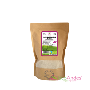 Bolsa de 1kg con contenido de Harina de avena integral de la marca EcoAndes. El envase es de papel kraft con ventana transparente que muestra el contenido, etiqueta frontal con información nutricional, certificaciones ecológicas, sin gluten y sello de "envasado artesanal".