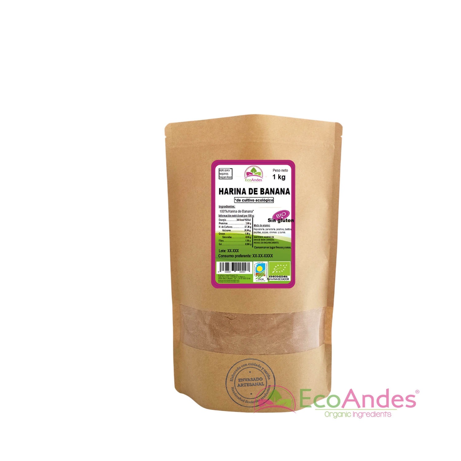Bolsa de 1kg con contenido de Harina de banana de la marca EcoAndes. El envase es de papel kraft con ventana transparente que muestra el contenido, etiqueta frontal con información nutricional, certificaciones ecológicas, sin gluten y sello de "envasado artesanal".