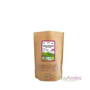 Bolsa de 250g con contenido de Harina de banana de la marca EcoAndes. El envase es de papel kraft con ventana transparente que muestra el contenido, etiqueta frontal con información nutricional, certificaciones ecológicas, sin gluten y sello de "envasado artesanal".