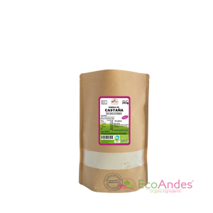 Bolsa de 250g con contenido de Harina de castaña de la marca EcoAndes. El envase es de papel kraft con ventana transparente que muestra el contenido, etiqueta frontal con información nutricional, certificaciones ecológicas, sin gluten y sello de "envasado artesanal".