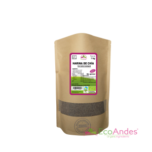 Bolsa de 1kg con contenido de Harina de chia de la marca EcoAndes. El envase es de papel kraft con ventana transparente que muestra el contenido, etiqueta frontal con información nutricional, certificaciones ecológicas, sin gluten y sello de "envasado artesanal".
