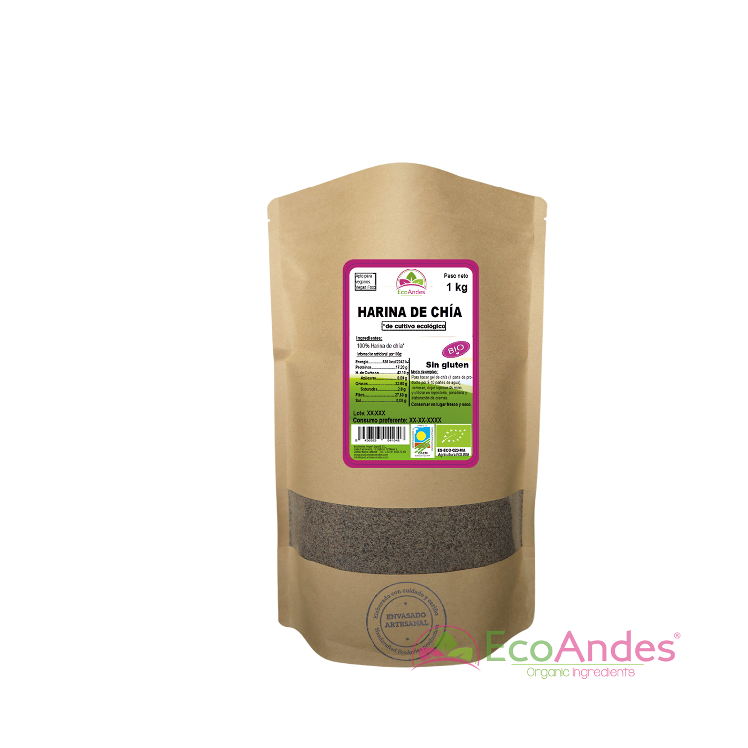 Bolsa de 1kg con contenido de Harina de chia de la marca EcoAndes. El envase es de papel kraft con ventana transparente que muestra el contenido, etiqueta frontal con información nutricional, certificaciones ecológicas, sin gluten y sello de "envasado artesanal".