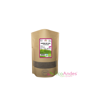 Bolsa de 400g con contenido de Harina de chía de la marca EcoAndes. El envase es de papel kraft con ventana transparente que muestra el contenido, etiqueta frontal con información nutricional, certificaciones ecológicas, sin gluten y sello de "envasado artesanal".