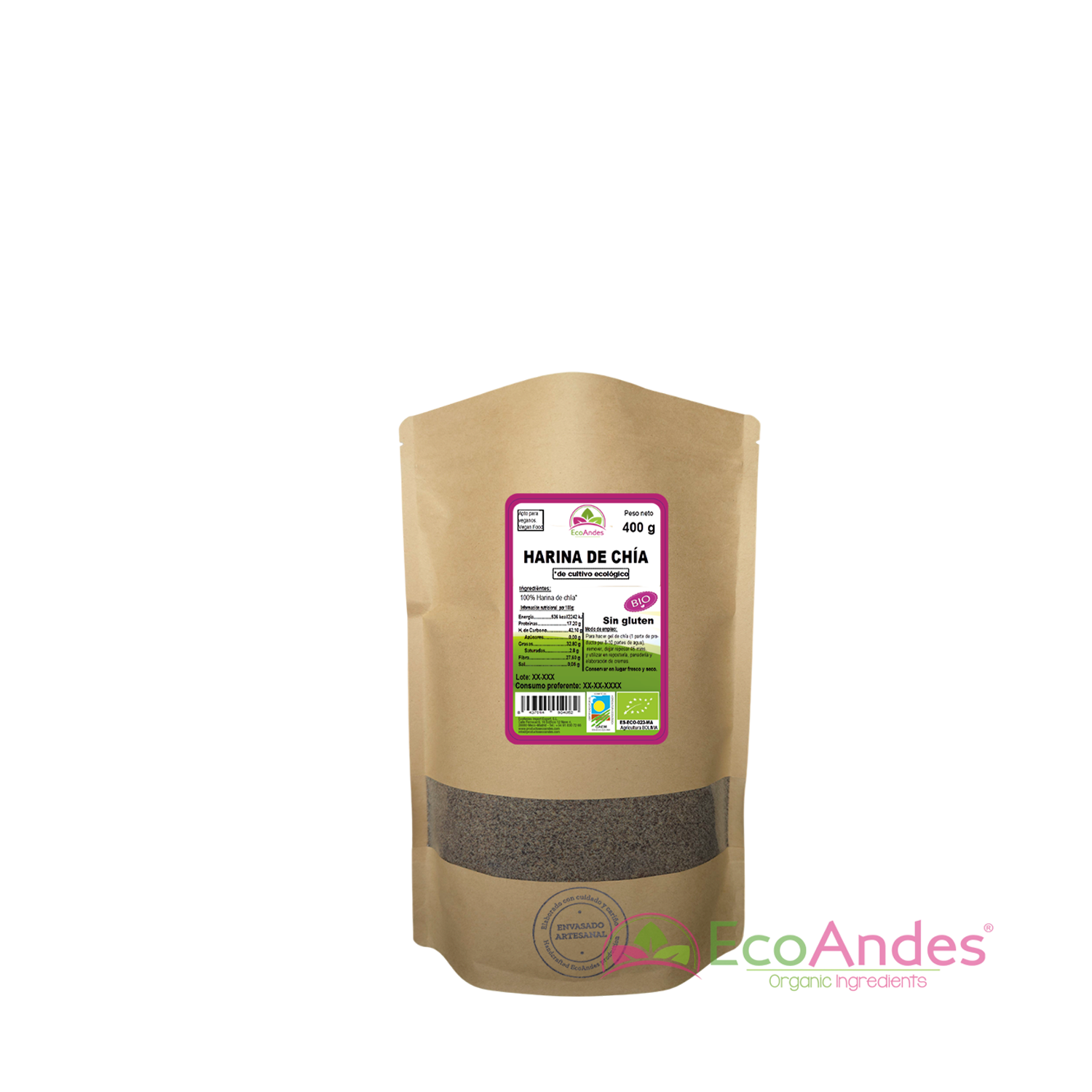 Bolsa de 400g con contenido de Harina de chía de la marca EcoAndes. El envase es de papel kraft con ventana transparente que muestra el contenido, etiqueta frontal con información nutricional, certificaciones ecológicas, sin gluten y sello de "envasado artesanal".