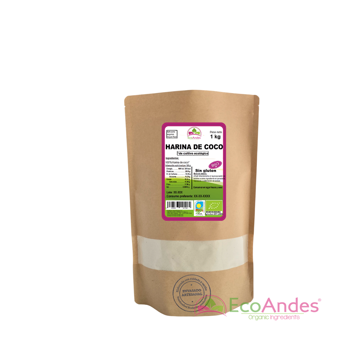 Bolsa de 1kg con contenido de Harina de coco de la marca EcoAndes. El envase es de papel kraft con ventana transparente que muestra el contenido, etiqueta frontal con información nutricional, certificaciones ecológicas, sin gluten y sello de "envasado artesanal".