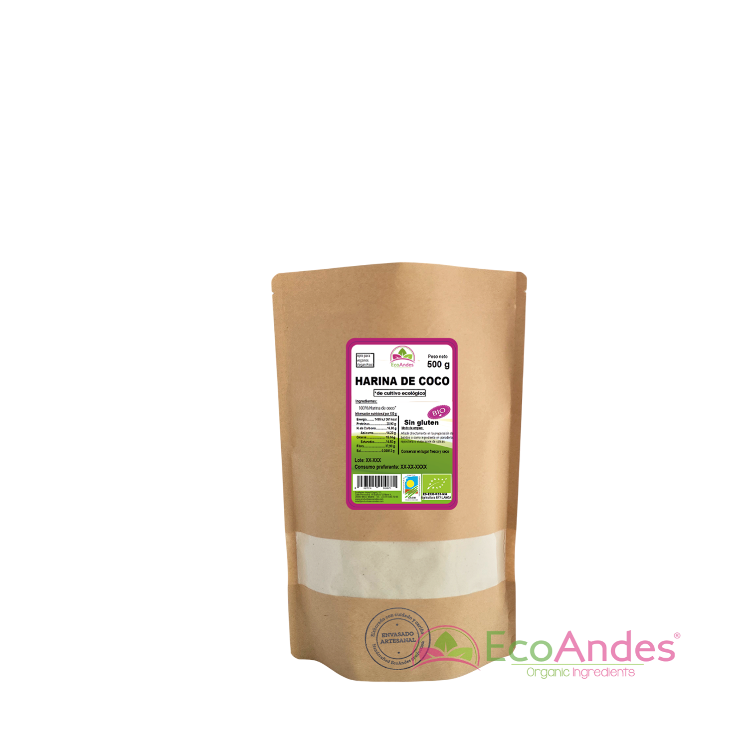 Bolsa de 500g con contenido de Harina de coco de la marca EcoAndes. El envase es de papel kraft con ventana transparente que muestra el contenido, etiqueta frontal con información nutricional, certificaciones ecológicas, sin gluten y sello de "envasado artesanal".