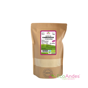 Bolsa de 1kg con contenido de Harina de garbanzos de la marca EcoAndes. El envase es de papel kraft con ventana transparente que muestra el contenido, etiqueta frontal con información nutricional, certificaciones ecológicas, sin gluten y sello de "envasado artesanal".