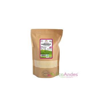 Bolsa de 500g con contenido de Harina de garbanzos de la marca EcoAndes. El envase es de papel kraft con ventana transparente que muestra el contenido, etiqueta frontal con información nutricional, certificaciones ecológicas, sin gluten y sello de "envasado artesanal".
