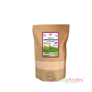 Bolsa de 1kg con contenido de Harina de lentejas rojas de la marca EcoAndes. El envase es de papel kraft con ventana transparente que muestra el contenido, etiqueta frontal con información nutricional, certificaciones ecológicas, sin gluten y sello de "envasado artesanal".