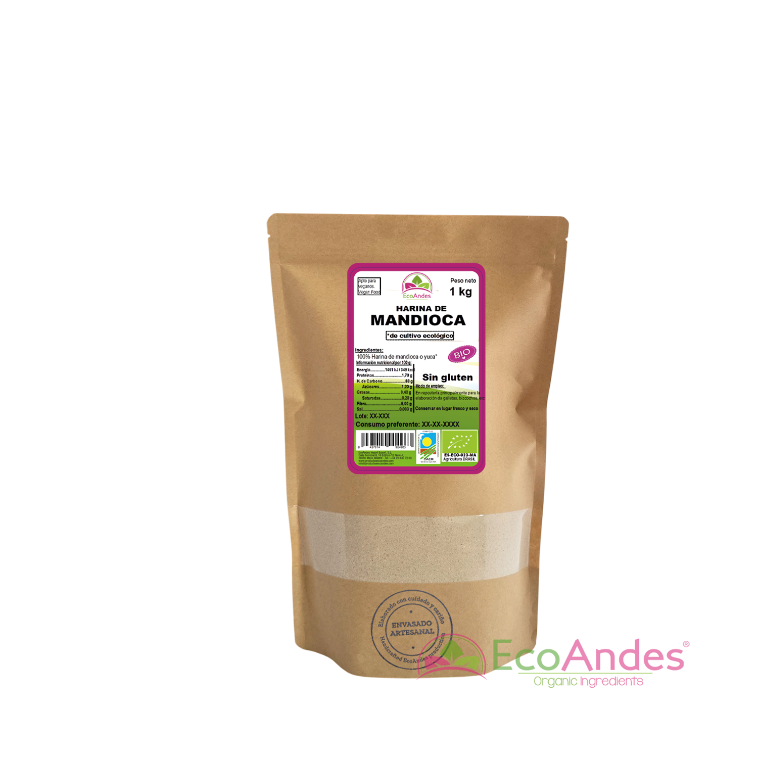 Bolsa de 1kg con contenido de Harina de mandioca de la marca EcoAndes. El envase es de papel kraft con ventana transparente que muestra el contenido, etiqueta frontal con información nutricional, certificaciones ecológicas, sin gluten y sello de "envasado artesanal".
