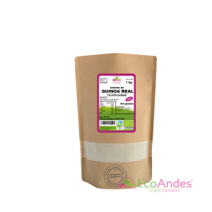 Bolsa de 1kg con contenido de Harina de quinoa de la marca EcoAndes. El envase es de papel kraft con ventana transparente que muestra el contenido, etiqueta frontal con información nutricional, certificaciones ecológicas, sin gluten y sello de "envasado artesanal".