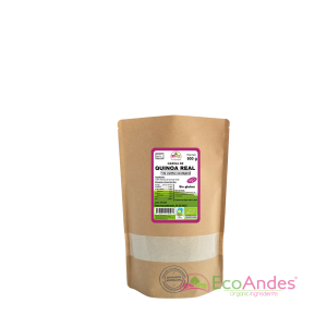 Bolsa de 500g con contenido de Harina de quinoa de la marca EcoAndes. El envase es de papel kraft con ventana transparente que muestra el contenido, etiqueta frontal con información nutricional, certificaciones ecológicas, sin gluten y sello de "envasado artesanal".