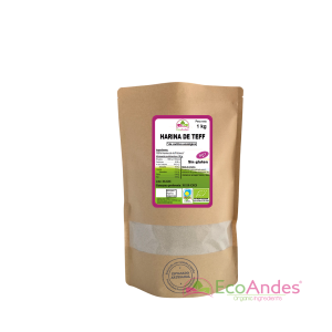 Bolsa de 1kg con contenido de Harina de teff de la marca EcoAndes. El envase es de papel kraft con ventana transparente que muestra el contenido, etiqueta frontal con información nutricional, certificaciones ecológicas, sin gluten y sello de "envasado artesanal".