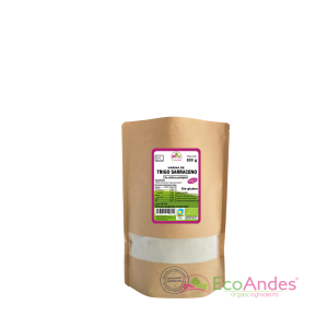 Bolsa de 500g con contenido de Harina de trigo sarraceno de la marca EcoAndes. El envase es de papel kraft con ventana transparente que muestra el contenido, etiqueta frontal con información nutricional, certificaciones ecológicas, sin gluten y sello de "envasado artesanal".