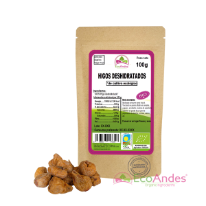 Bolsa de 100g con contenido de Higos deshidratados de la marca EcoAndes. El envase es de papel kraft con ventana transparente que muestra el contenido, etiqueta frontal con información nutricional, certificaciones ecológicas, sin gluten y sello de "envasado artesanal".