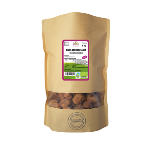Bolsa de 1kg con contenido de Higos deshidratados de la marca EcoAndes. El envase es de papel kraft con ventana transparente que muestra el contenido, etiqueta frontal con información nutricional, certificaciones ecológicas, sin gluten y sello de "envasado artesanal".