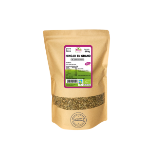 Bolsa de 600g de Hinojo en grano de la marca EcoAndes. El envase es de papel kraft con ventana transparente que muestra el contenido, etiqueta frontal con información nutricional, certificaciones ecológicas, sin gluten y sello de "envasado artesanal".