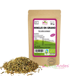 Bolsa de 80g de Hinojo en grano de la marca EcoAndes. El envase es de papel kraft con ventana transparente que muestra el contenido, etiqueta frontal con información nutricional, certificaciones ecológicas, sin gluten y sello de "envasado artesanal".