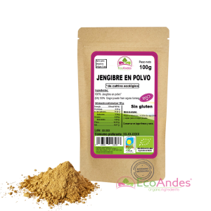 Bolsa de 100g de Jengibre en polvo de la marca EcoAndes. El envase es de papel kraft con ventana transparente que muestra el contenido, etiqueta frontal con información nutricional, certificaciones ecológicas, sin gluten y sello de "envasado artesanal".