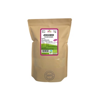 Bolsa de 1kg de Jengibre en polvo de la marca EcoAndes. El envase es de papel kraft con ventana transparente que muestra el contenido, etiqueta frontal con información nutricional, certificaciones ecológicas, sin gluten y sello de "envasado artesanal".