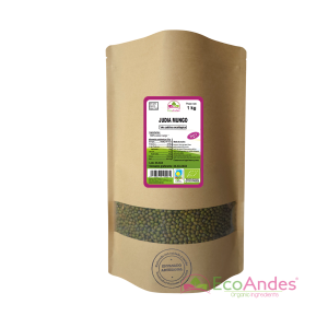 Bolsa de 1kg con contenido de Judía Mungo de la marca EcoAndes. El envase es de papel kraft con ventana transparente que muestra el contenido, etiqueta frontal con información nutricional, certificaciones ecológicas, sin gluten y sello de "envasado artesanal".