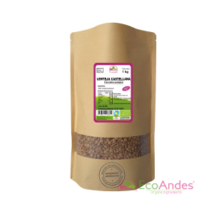 Bolsa de 1kg con contenido de Lenteja castellana de la marca EcoAndes. El envase es de papel kraft con ventana transparente que muestra el contenido, etiqueta frontal con información nutricional, certificaciones ecológicas, sin gluten y sello de "envasado artesanal".