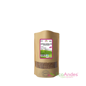 Bolsa de 500g con contenido de Lenteja castellana de la marca EcoAndes. El envase es de papel kraft con ventana transparente que muestra el contenido, etiqueta frontal con información nutricional, certificaciones ecológicas, sin gluten y sello de "envasado artesanal".