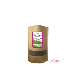 Bolsa de 500g con contenido de Lenteja pardina de la marca EcoAndes. El envase es de papel kraft con ventana transparente que muestra el contenido, etiqueta frontal con información nutricional, certificaciones ecológicas, sin gluten y sello de "envasado artesanal".