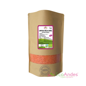 Bolsa de 1kg con contenido de Lenteja Roja Coral mitades de la marca EcoAndes. El envase es de papel kraft con ventana transparente que muestra el contenido, etiqueta frontal con información nutricional, certificaciones ecológicas, sin gluten y sello de "envasado artesanal".
