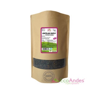 Bolsa de 1kg con contenido de Lenteja Verde Dupuy de la marca EcoAndes. El envase es de papel kraft con ventana transparente que muestra el contenido, etiqueta frontal con información nutricional, certificaciones ecológicas, sin gluten y sello de "envasado artesanal".
