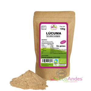 Bolsa de 100g de Lúcuma en polvo de la marca EcoAndes. El envase es de papel kraft con ventana transparente que muestra el contenido, etiqueta frontal con información nutricional, certificaciones ecológicas, sin gluten y sello de "envasado artesanal".