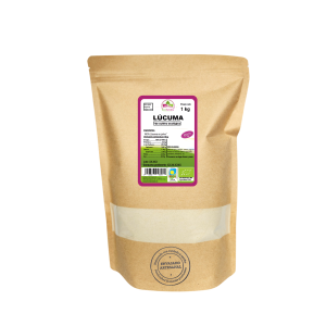 Bolsa de 1kg de Lúcuma en polvo de la marca EcoAndes. El envase es de papel kraft con ventana transparente que muestra el contenido, etiqueta frontal con información nutricional, certificaciones ecológicas, sin gluten y sello de "envasado artesanal".