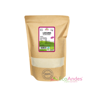 Bolsa de 1kg de Lucuma en polvo de la marca EcoAndes. El envase es de papel kraft con ventana transparente que muestra el contenido, etiqueta frontal con información nutricional, certificaciones ecológicas, sin gluten y sello de "envasado artesanal".