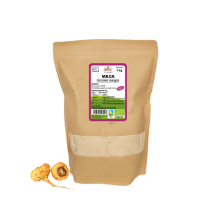 Bolsa de 1kg de Maca en polvo de la marca EcoAndes. El envase es de papel kraft con ventana transparente que muestra el contenido, etiqueta frontal con información nutricional, certificaciones ecológicas, sin gluten y sello de "envasado artesanal".