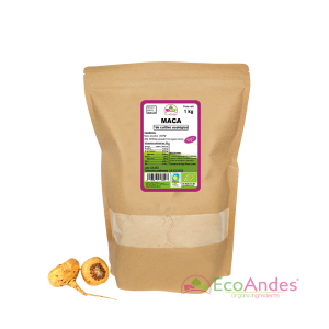 Bolsa de 1kg de Maca en polvo de la marca EcoAndes. El envase es de papel kraft con ventana transparente que muestra el contenido, etiqueta frontal con información nutricional, certificaciones ecológicas, sin gluten y sello de "envasado artesanal".