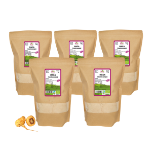 5 Bolsas de 1kg de Maca en polvo de la marca EcoAndes. El envase es de papel kraft con ventana transparente que muestra el contenido, etiqueta frontal con información nutricional, certificaciones ecológicas, sin gluten y sello de "envasado artesanal".