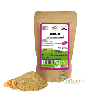 Bolsa de 300g de Maca en polvo de la marca EcoAndes. El envase es de papel kraft con ventana transparente que muestra el contenido, etiqueta frontal con información nutricional, certificaciones ecológicas, sin gluten y sello de "envasado artesanal".