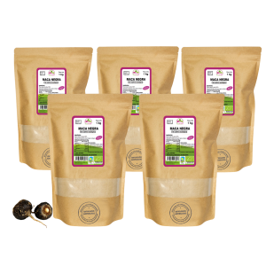 5 Bolsas de 1kg de Maca negra en polvo de la marca EcoAndes. El envase es de papel kraft con ventana transparente que muestra el contenido, etiqueta frontal con información nutricional, certificaciones ecológicas, sin gluten y sello de "envasado artesanal".