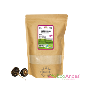Bolsa de 1kg de Maca negra en polvo de la marca EcoAndes. El envase es de papel kraft con ventana transparente que muestra el contenido, etiqueta frontal con información nutricional, certificaciones ecológicas, sin gluten y sello de "envasado artesanal".