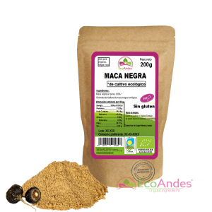 Bolsa de 200g de Maca negra en polvo de la marca EcoAndes. El envase es de papel kraft con ventana transparente que muestra el contenido, etiqueta frontal con información nutricional, certificaciones ecológicas, sin gluten y sello de "envasado artesanal".