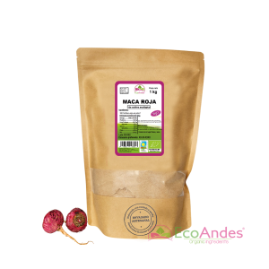 Bolsa de 1kg de Maca roja en polvo de la marca EcoAndes. El envase es de papel kraft con ventana transparente que muestra el contenido, etiqueta frontal con información nutricional, certificaciones ecológicas, sin gluten y sello de "envasado artesanal".